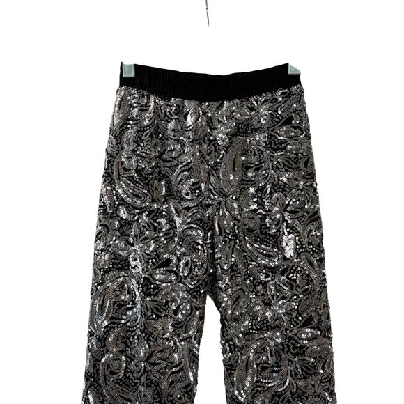 Porridge Black Silver Sequin Paisley Pattern Elastic Waist Skinny Pants XS - Picture 2 of 9